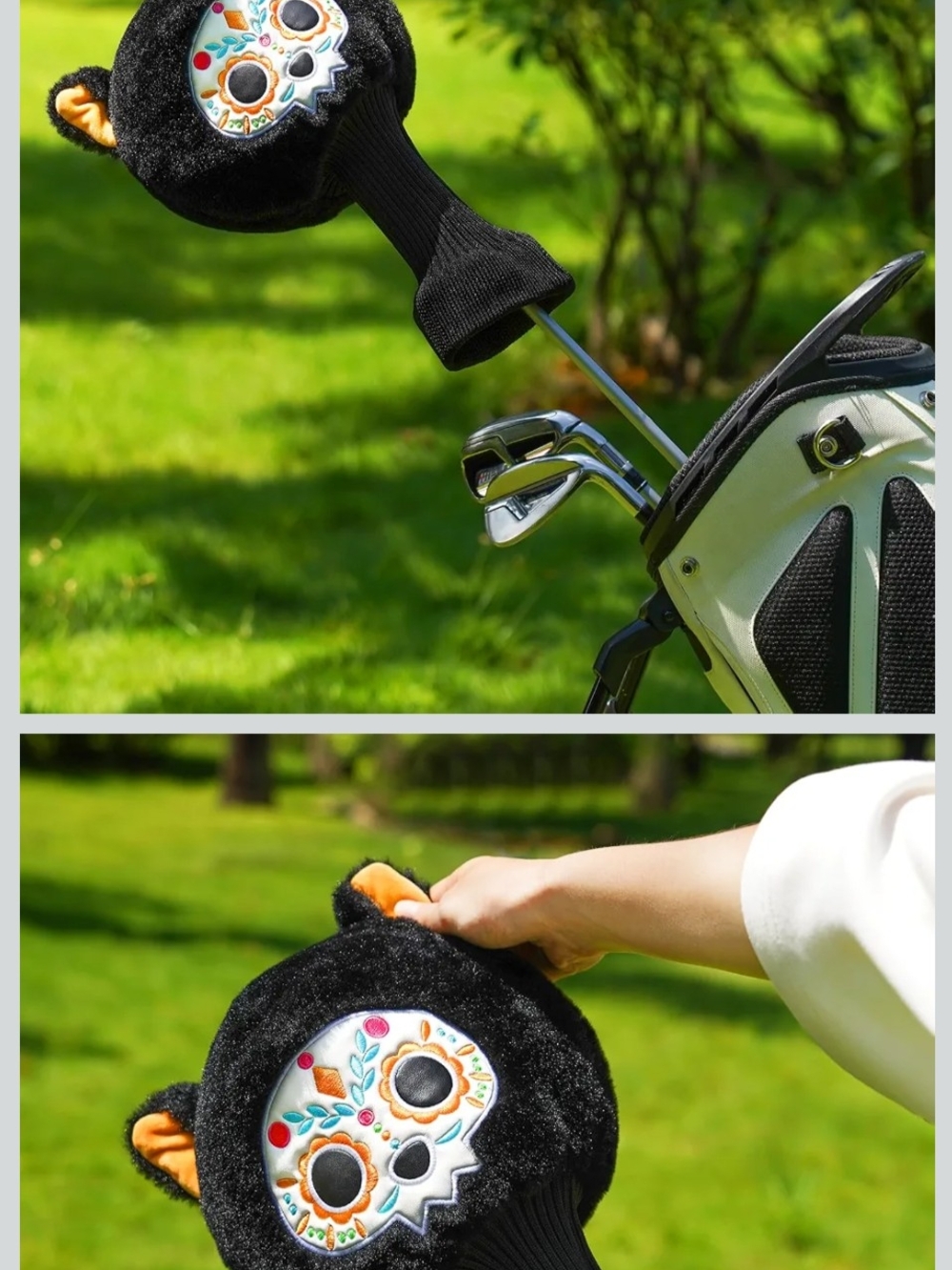 Black Plush Skull Headcover for Women - Cute Golf Club Protector
